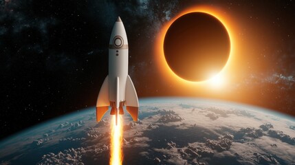Fototapeta premium 3D Rendering Rocket launch Concept, Rocket Launching Through Space with a Gliding Effect and Eclipsed Sun in the Background