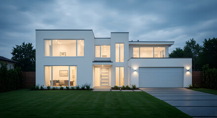 Sophisticated Modern Home Exterior At Twilight Hour In A Residential Area