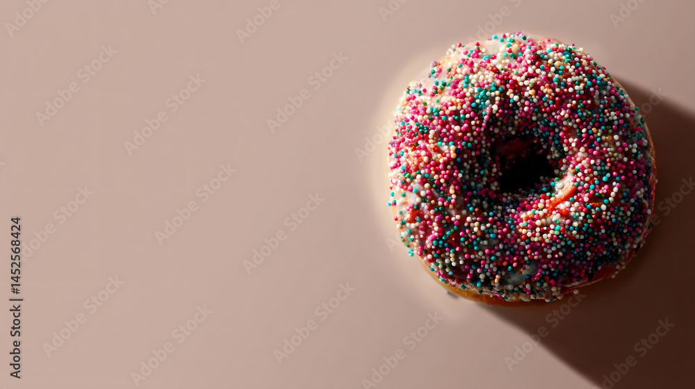 Poster a round donut with colorful sparge centered on a plain ground with ample space for text.