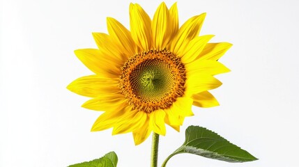 Fototapeta premium Single bright yellow sunflower against a white background.