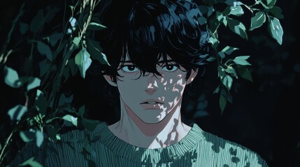 A man's pensive expression amidst foliage.