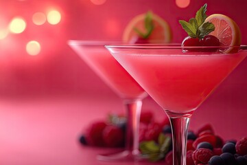 Two pink cocktails topped with citrus and berries on a pink surface with soft background lights