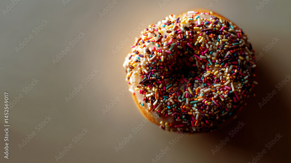 Poster a round doughnut with colorful sprinkles, perfectly centered on a plain background, offering space f