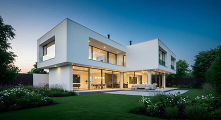 Modern White House With Garden At Dusk Offering Luxury Living