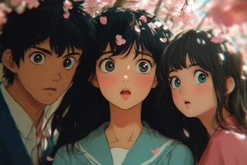 Three young people amidst a blossoming spring tree.