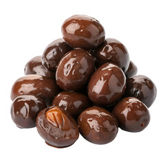 Pile of chocolate covered dates isolated on white background