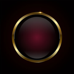 A Red luxury Circle vector button design on dark red background. Premium red circle button, element, web UI, symbol, and 3d round black glossy button with gold
