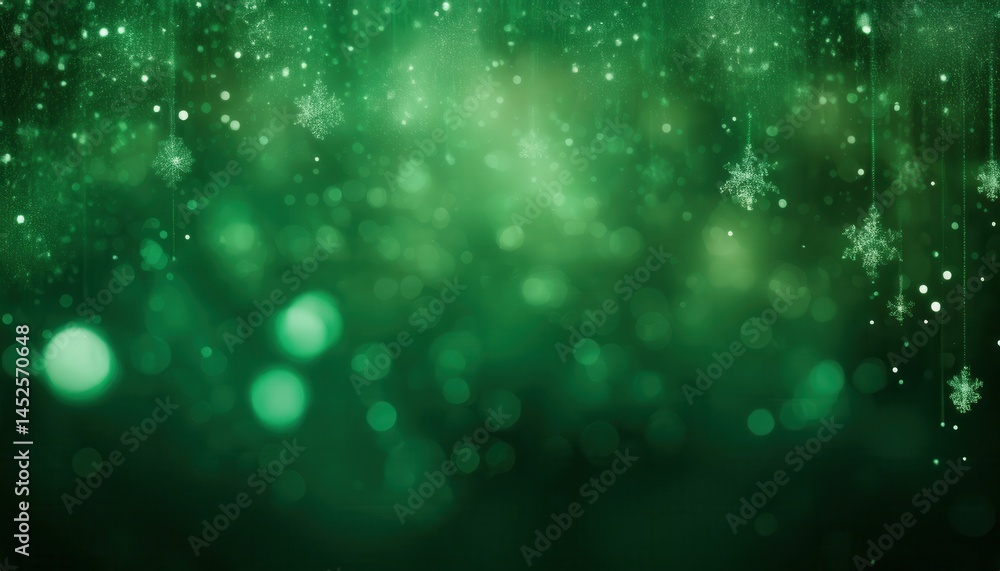 Poster green bokeh background with glowing snowflakes and light particles for festive designs, digital bran