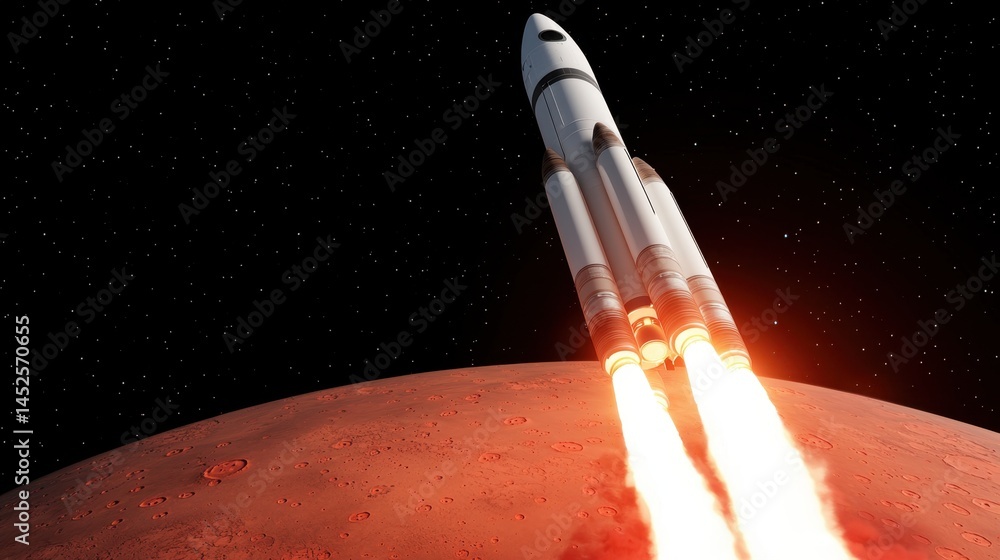 Poster 3d rendering rocket launch concept, 3d rendered concept of a rocket igniting and launching above the