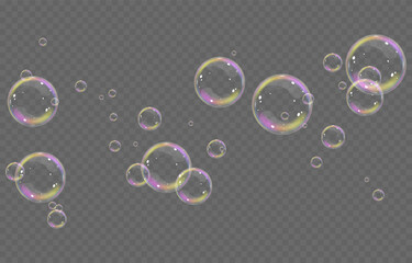 Vector realistic soap bubbles png. Flying soap bubbles on transparent background.