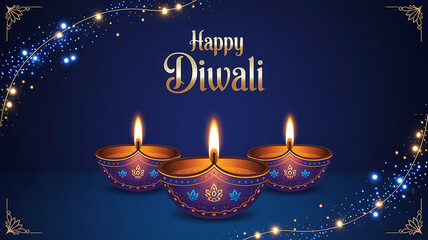 Diwali Festival Banner Featuring Glowing Traditional Diyas on Deep Blue Background Sparkling Gold Blue Light Particles Perfect for Festive Greetings Digital Invitations and Holiday Promotional Designs