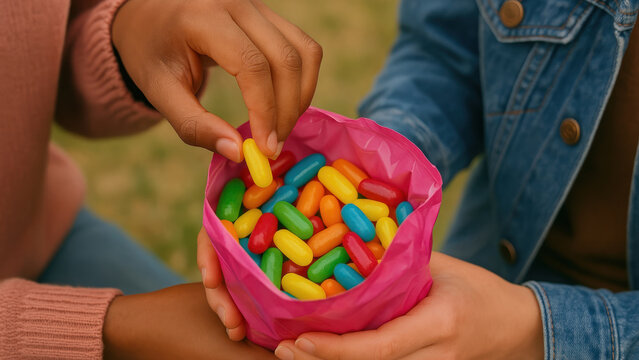 Colorful candy shared outdoors