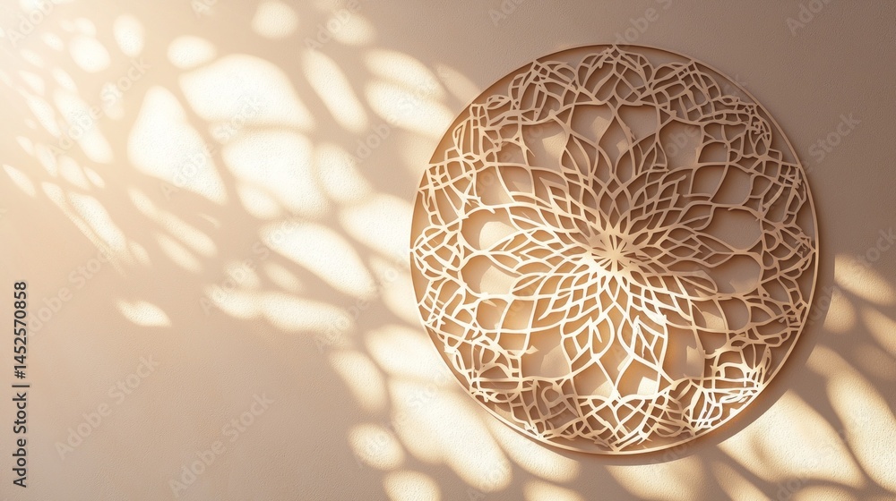 Poster a detailed circular wall decor creates beautiful shadow patterns on a light-colored wall. natural su