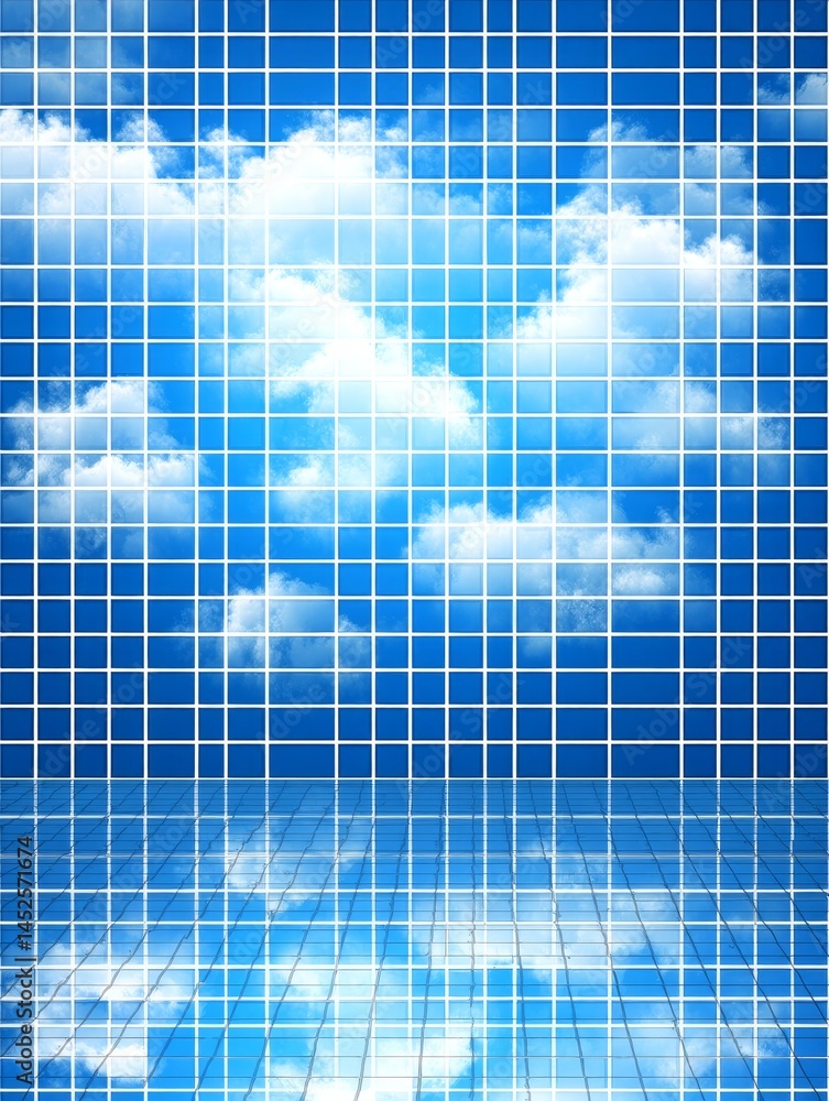 Poster sky grid reflection - abstract of a grid reflecting a blue sky with clouds. perfect for modern, tech