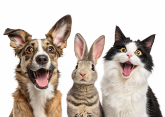 A dog rabbit and cat posing together with their mouths open against a black background studio shot