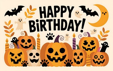 Happy Halloween Birthday Pumpkins Cute Spooky Design fun art card bats kids     