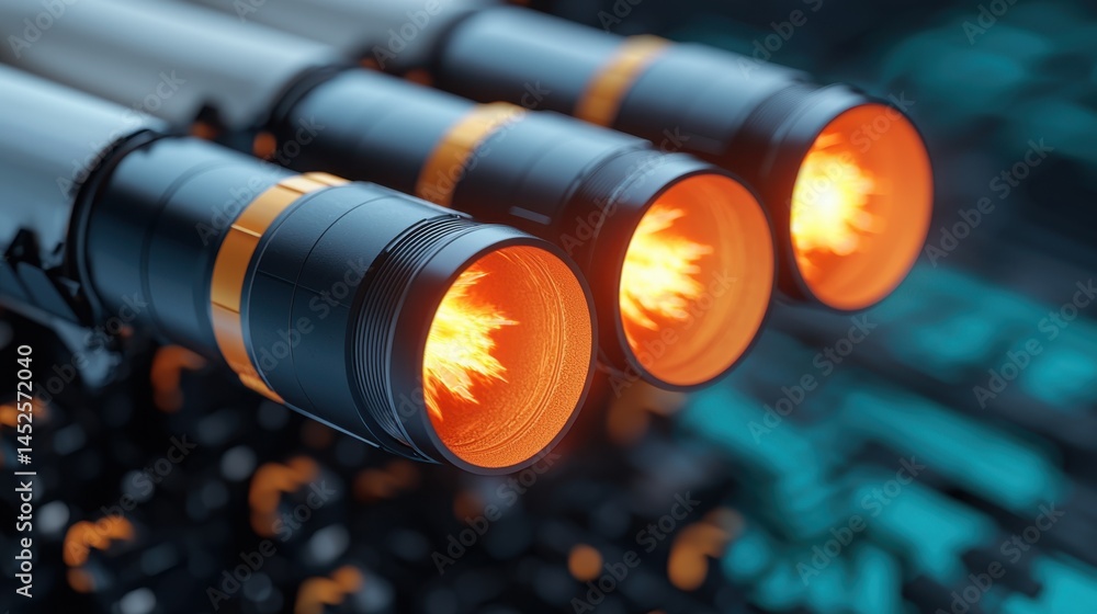 Poster 3d rendering rocket launch concept, detailed close-up 3d rendering of rocket thrusters with glowing 