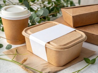 Food Container Mockup. Eco-friendly takeaway packaging with a cup and box amid greenery.