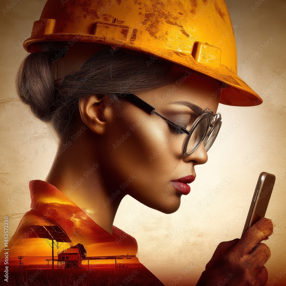 Poster solar engineer with double exposure effect: silhouette of future technologies and landscape in an in