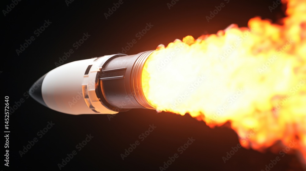 Poster 3d rendering rocket launch concept, close-up of 3d rendered rocket nozzle erupting with flames again