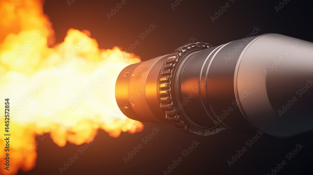 Poster 3d rendering rocket launch concept, close-up of a 3d rendered rocket nozzle emitting flames in a dar