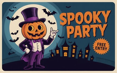 Spooky Halloween Pumpkin Party Invitation Design fun bats card cute dark blue   