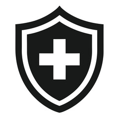 Flat Black Vector Silhouette of a Medical Shield Icon with Cross Symbol for Healthcare Protection and Safety Concept on White Background