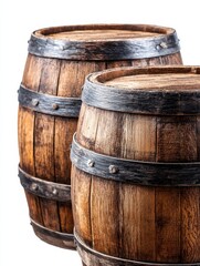 Fototapeta premium Wooden Barrels - Two aged wooden barrels with iron bands, isolated on white background. Perfect for rustic, vintage themes