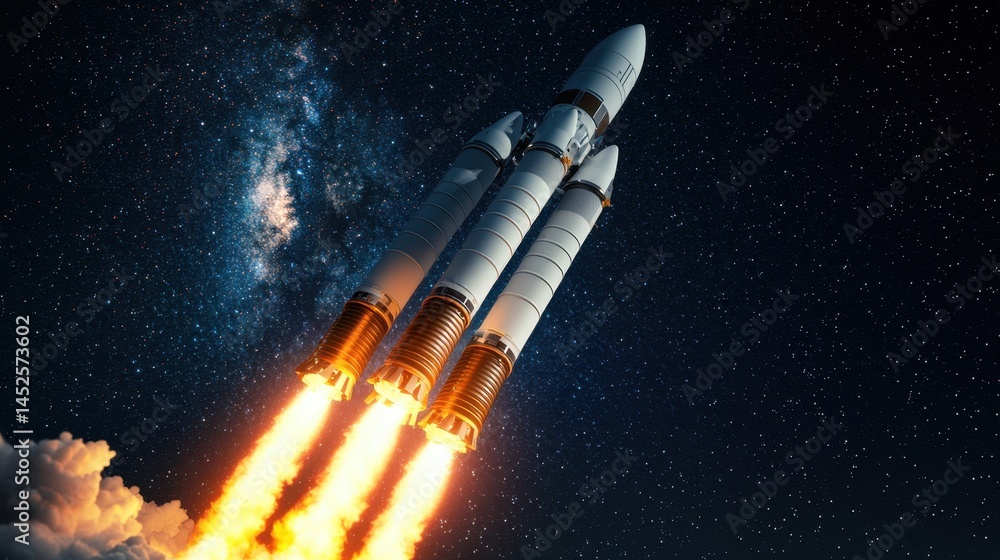 Poster 3d rendering rocket launch concept, detailed 3d view of rocket engines firing against starry backgro