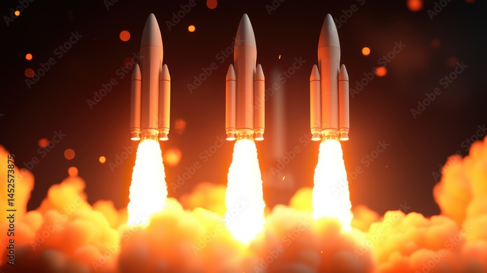 Poster 3d rendering rocket launch concept, dynamic 3d view of multiple rockets launching in unison against 