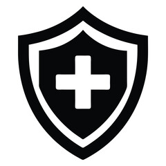 Flat Black Vector Silhouette of a Medical Shield Icon with Cross Symbol for Healthcare Protection and Safety Concept on White Background