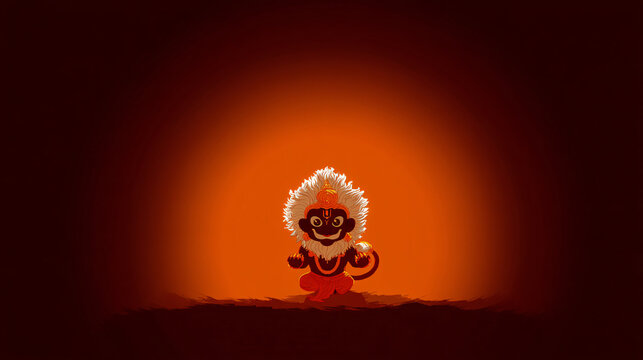A cute cartoon version of godhead narasimha, holding a demon in his claws, typeset against an isolated dark orange background.