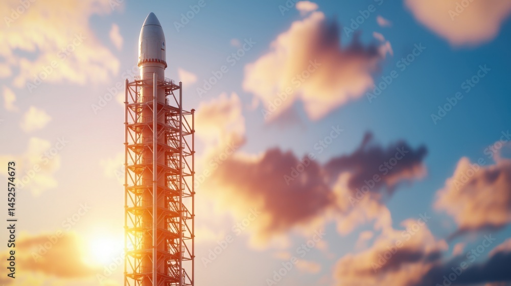 Poster 3d rendering rocket launch concept, fully rendered rocket launch tower with detailed text for a stun