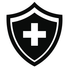 Obraz premium Flat Black Vector Silhouette of a Medical Shield Icon with Cross Symbol for Healthcare Protection and Safety Concept on White Background