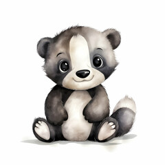 Charming watercolor illustration of a endearing badger cub seated on the ground