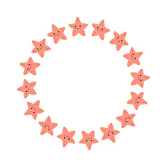 Round cartoon frame with smiling starfish on white background. Cute sea animal border for kids cards, summer posters, baby shower, logos and nursery decor.
