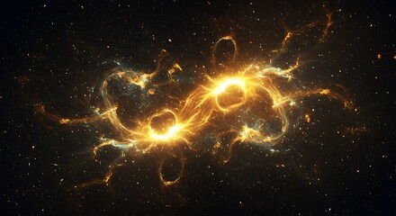 Golden Photon Trail Across Stars
An abstract digital background with golden photon trails racing through a deep starfield, creating twisting ribbons of light against a dark cosmic backdrop