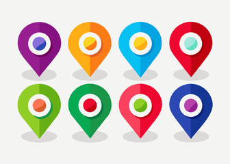 Collection of Eight Colorful Flat Design Location Pins