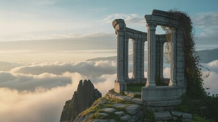 Stone Ruins on a Mountaintop Above natural dark Clouds