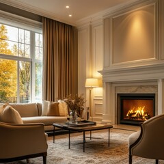 Living room with fireplace sofa and large window showing autumn trees