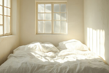 White bed with sunlight streaming through window.