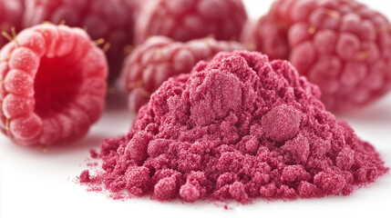 Close-up of vibrant freeze-dried raspberry powder beside fresh raspberries on a white background.