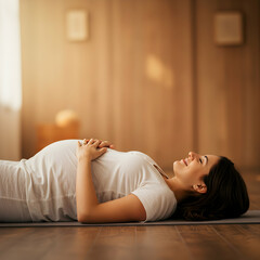 Pregnant woman lying on her back on a yoga mat with her hands resting on her stomach in a serene room