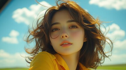 Attractive young woman with auburn hair and yellow top against a clear sky.