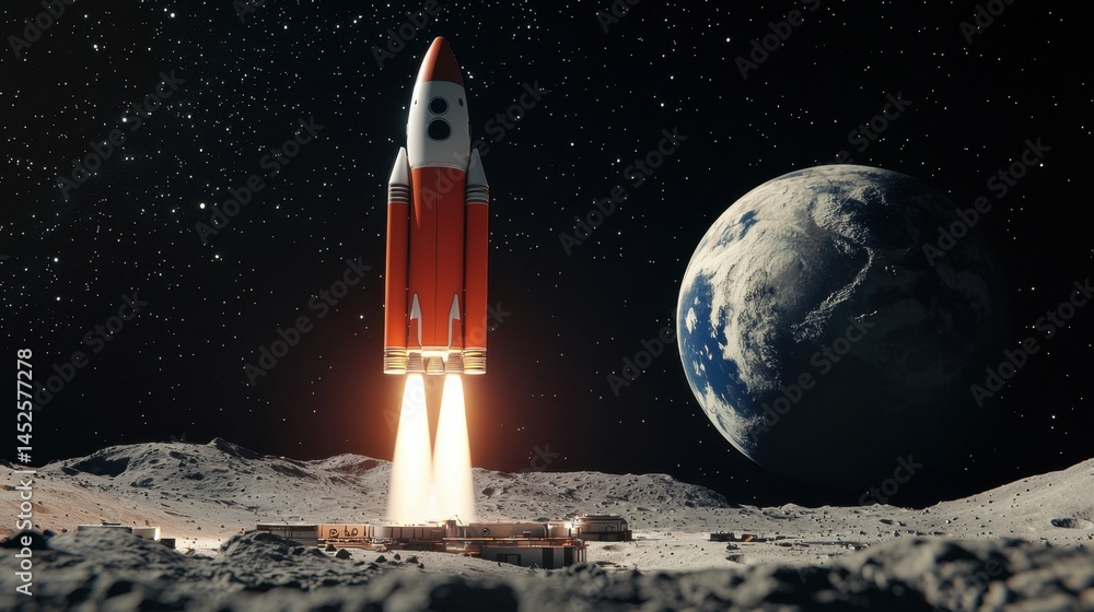 Poster 3d rendering rocket launch concept, futuristic rocket launching from moon base in stunning 3d with e