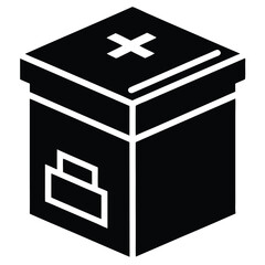 Flat Black Vector Silhouette of a First Aid Box with Medical Cross Symbol Representing Emergency Care, Safety Kit, and Health Supplies on White Background