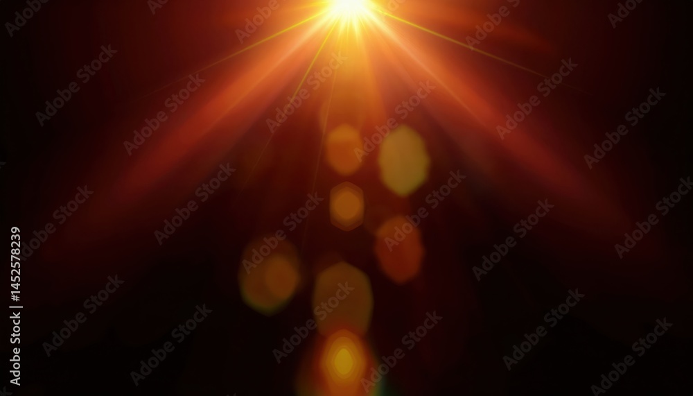 Poster intense orange sunburst with lens flare and hexagonal bokeh for web backgrounds, print graphics, dig