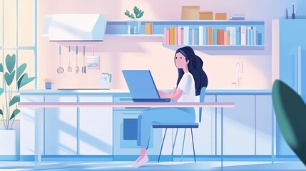Woman works remotely on laptop in a bright, minimalist, stylized kitchen