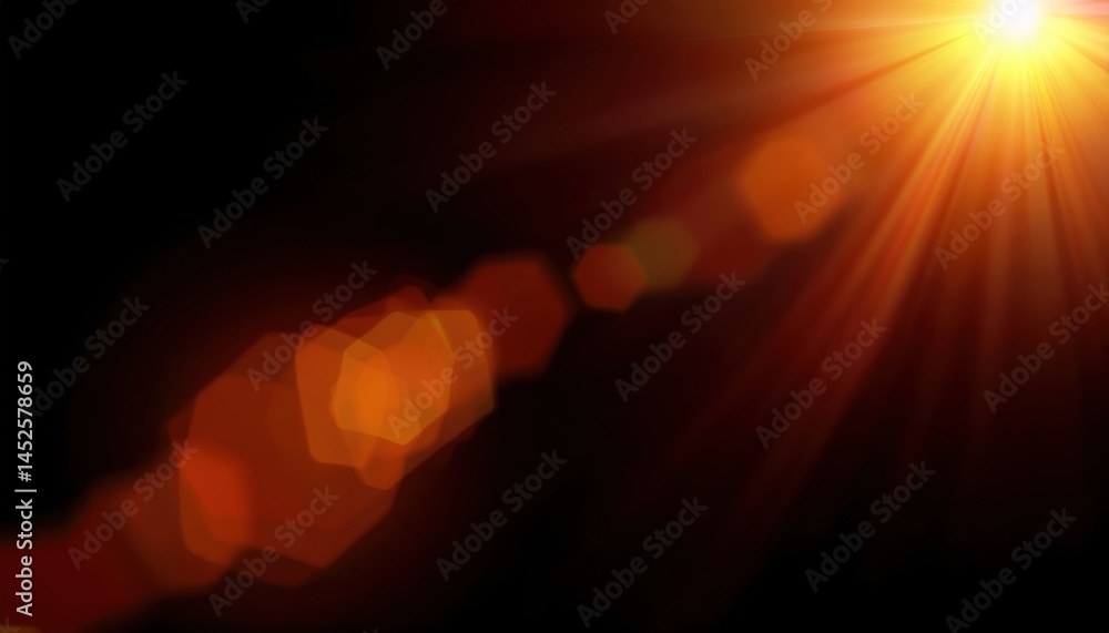 Poster intense orange sunburst with lens flare and hexagonal bokeh for web backgrounds, print graphics, dig