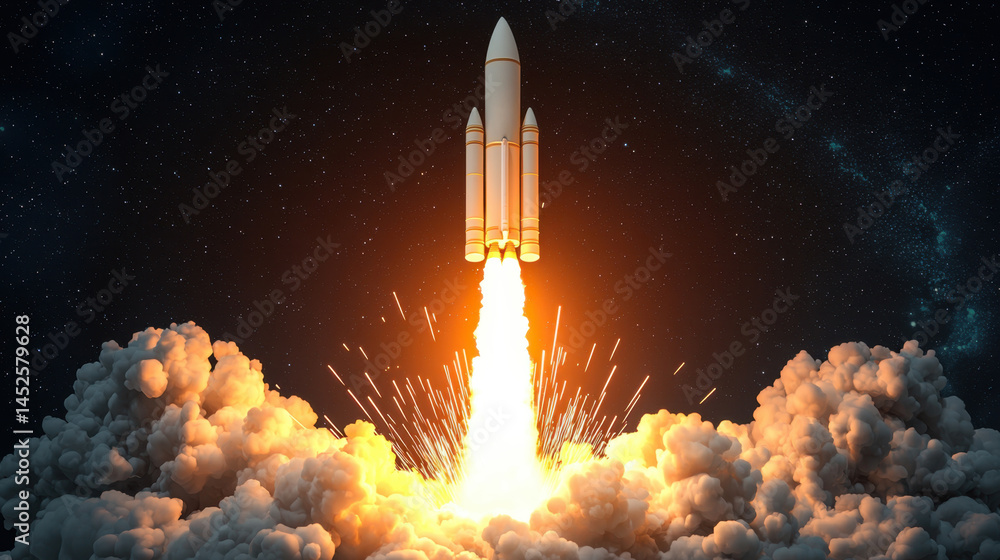 Poster 3d rendering rocket launch concept, thrilling nighttime rocket launch with vivid lighting effects an